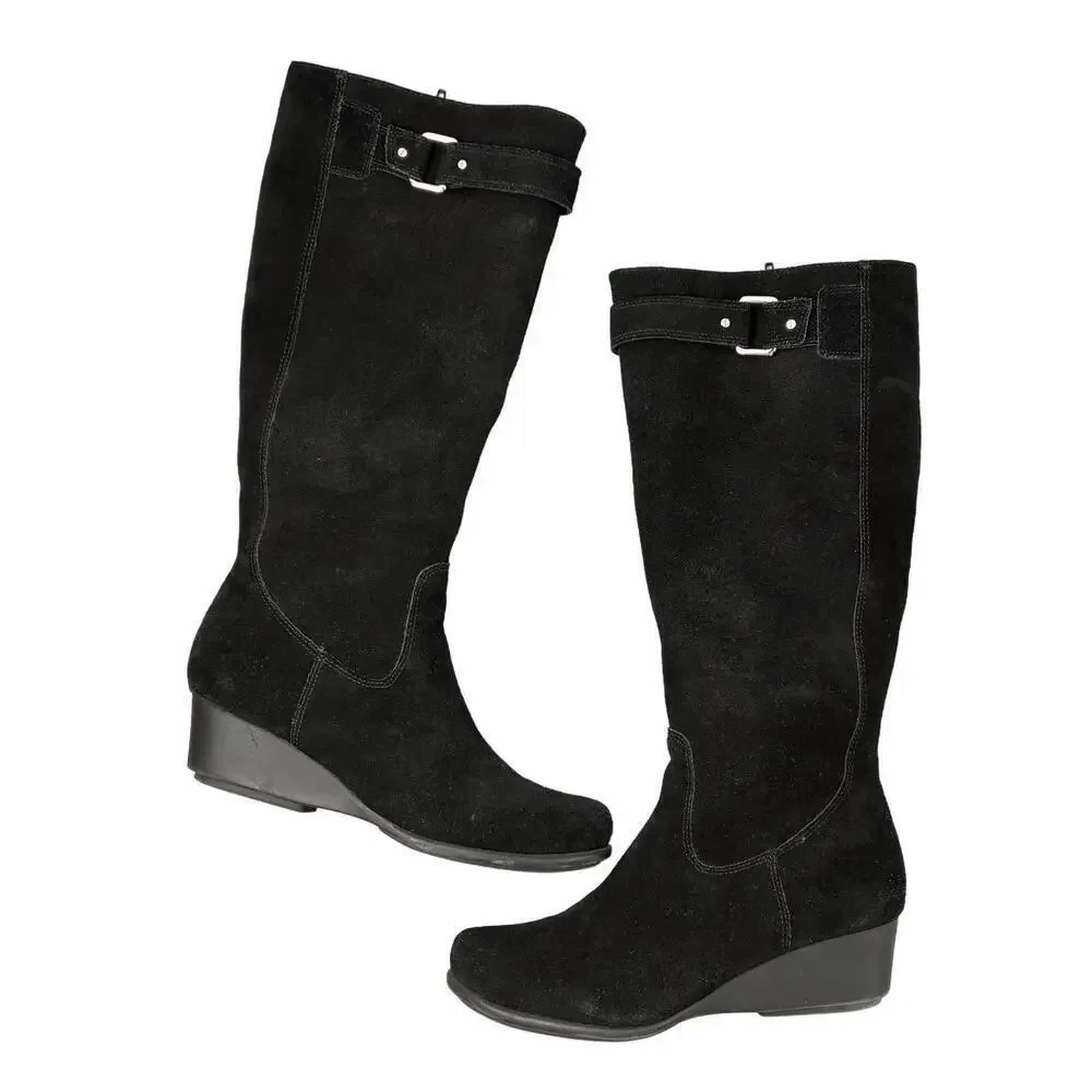 Laura Landsdale Black Suede Women's Knee-High Boots Wedge Heel 7M